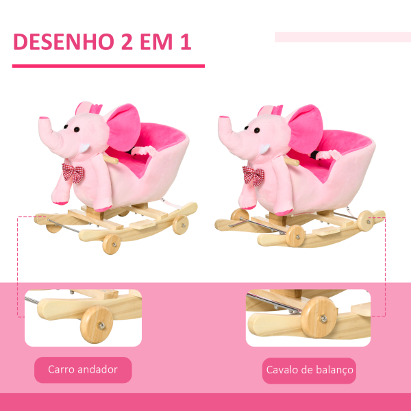 HOMCOM Cavalo Baloiço com Rodas e Forma de Elefante com Músicas Infantis e Cinto de Segurança 60x35x45 cm Rosa - Image 6