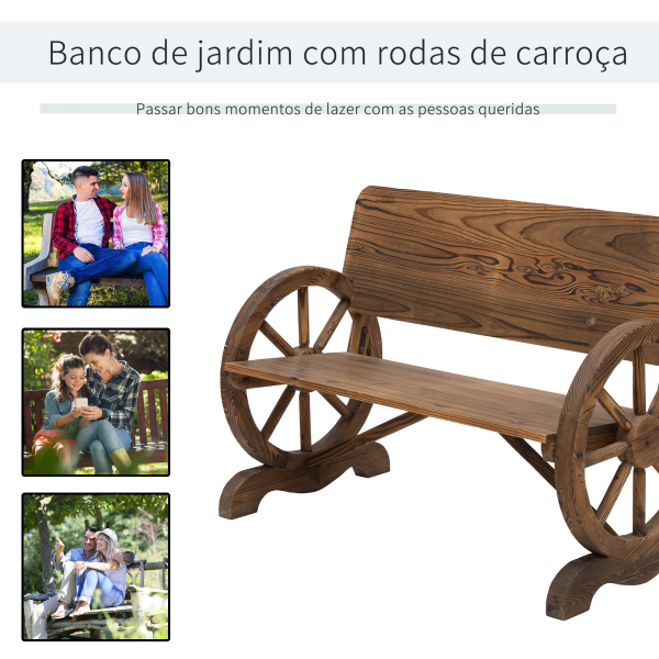 Outsunny Banco de Jardim de Madeira Banco de Exterior com 2 Rodas Decorativas Estilo Rústico 114x58x80 cm Marrom Carbonizado - Image 5