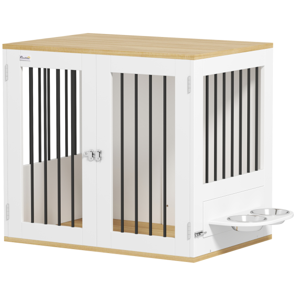 PawHut Gaiola para Cães 2 em 1 Mesa Auxiliar com 2 Portas com Trava Comedouro Giratório de 360° 2 Tigelas 80x55x71,5 cm Branco