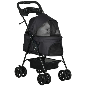 PawHut Carrinho para Cães Dobrável com Rodas Universáis Cesta de Armazenamento Correias de Segurança e Janelas 67x45x96 cm Preto