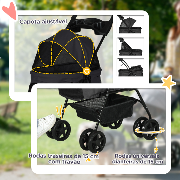PawHut Carrinho para Cães Dobrável com Rodas Universáis Cesta de Armazenamento Correias de Segurança e Janelas 67x45x96 cm Preto - Image 6