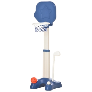 HOMCOM Tabela de Basquetebol 2 em 1 Jogo de Golf para Crianças acima de 2 Anos Aro com Altura Ajustável de 83-120cm Bolas e Taco de Golf 46x41x116-153cm Azul e Branco