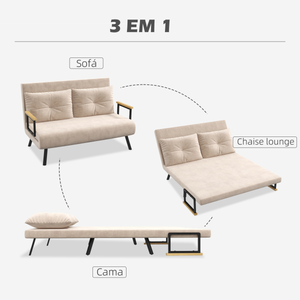 HOMCOM Sofá Cama Sofá Convertível em Cama de 2 Lugares Dobrável com Encosto Ajustável em 5 Níveis e 2 Almofadas 102x73x81 cm Bege - Image 4
