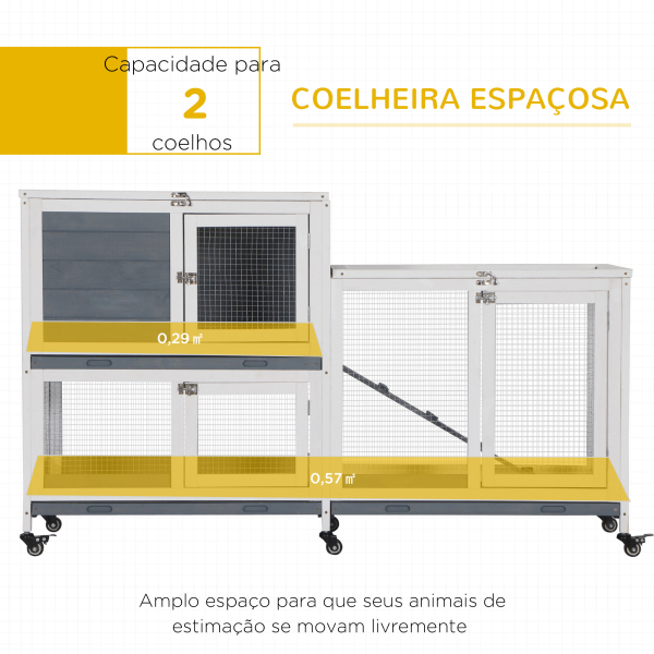 PawHut Coelheira de Madeira com Rodas 147x45,5x88,5cm Gaiola para Coelhos de 2 Níveis com Teto Abatível 2 Cercados de Metal 3 Bandejas Removíveis 3 Portas com Trava e Rampa Cinza - Image 4