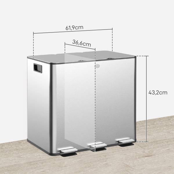 HOMCOM Balde de Lixo de Cozinha com 3 Compartimentos 3x15L com Pedais Tampas com Fechamento Suave e Cubo Amovível Prata - Image 3