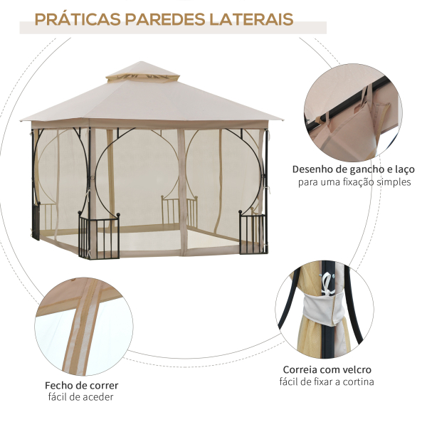 Outsunny Pérgola de jardim 295x295x275cm com 4 cortinas laterais com zíper e telhado duplo com 8 furos de drenagem bege - Image 6