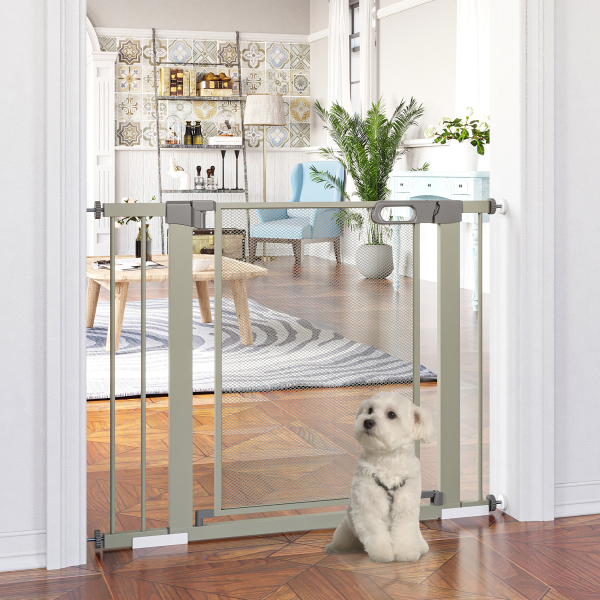 PawHut Barreira de Segurança para Cães Extensível 75-103 cm com 2 Extensões Duplo Bloqueio Fechamento Automático Cinza - Image 2
