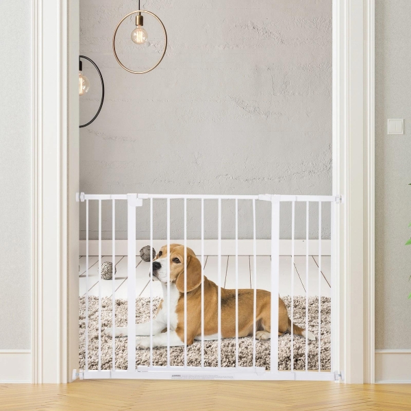 PawHut Barreira de Segurança para Animais de Estimação Extensível para Escadas e Portas Barreira de Segurança para Cães 76-107x76 cm Branco - Image 2