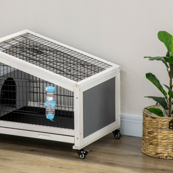 PawHut Coelheira de Madeira com Rodas Gaiola para Coelhos com Bandeja Amovível e Bebedouro 90x53x55 cm Cinza Escuro - Image 9