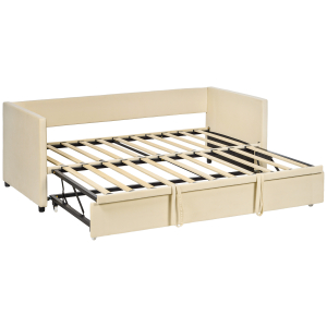 HOMCOM Cama Individual Dupla 2 em 1 Estofada em Veludo e Cama Inferior Extraível com Rodas para Colchões de 90x190 cm Creme