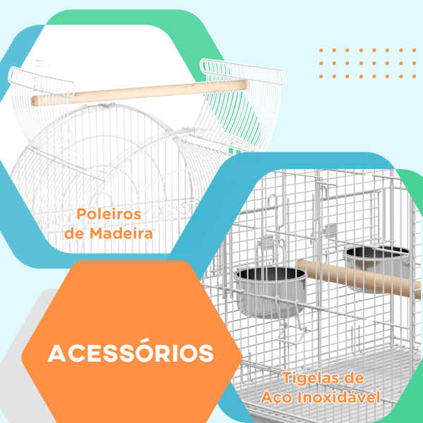 PawHut Gaiola para Pássaros com Rodas Bandeja Amovível Prateleira 2 Comedouros de Aço Inoxidável e Poleiro 51x51x153 cm Branco - Image 7