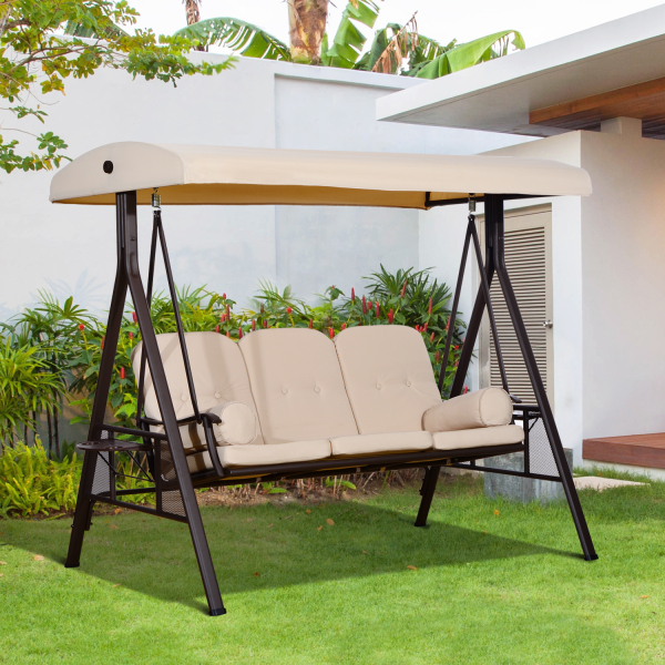 Outsunny Banco Baloiço de Jardim de 3 Lugares com Teto 2 Almofadas Suporte para Bebidas e Estrutura de Metal para Terraço Balcão Exterior Carga Máxima 360kg 207x120,5x174cm Bege - Image 2