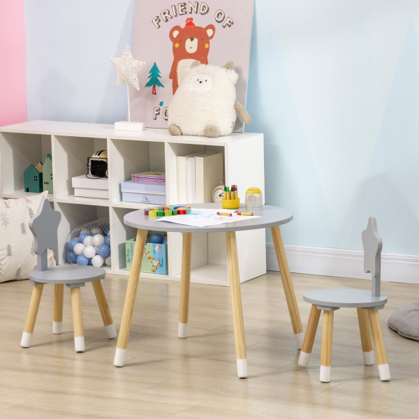 HOMCOM Conjunto de Mesa e 2 Cadeiras de Madeira para Crianças com Mesa Redonda Ø59x50cm e Cadeiras Ø28x51cm Cinza e Madeira - Image 4