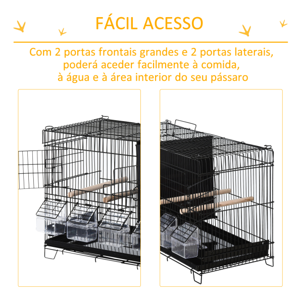 PawHut Gaiola para Pássaros com Divisória Ganchos Superiores Portas Comedouros Poleiros e Bandeja Amovível 59,5x26,5x39,5 cm Preto - Image 5