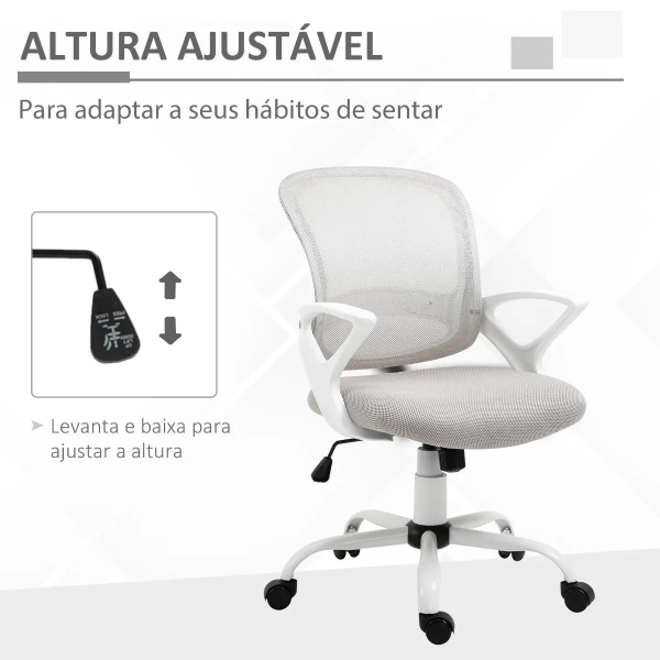Vinsetto Cadeira de Oficina Ergonômica Basculante com Altura Ajustável Assento Giratório 360° Suporte Lombar e Malha Transpirável 61x61x89-99cm Cinza e Branco - Image 4