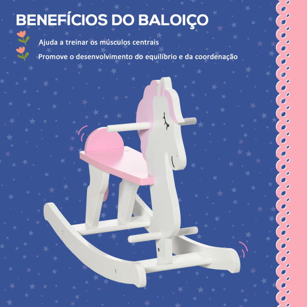 HOMCOM Cavalo Baloiço para Crianças de 1-3 Anos Cavalo Baloiço de Madeira com Guiador e Apoio para os Pés 68x27x46,5cm Branco e Rosa - Image 4