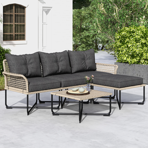 Outsunny Conjunto de Jardim em Vime Sintético Conjunto de Móveis de Exterior com Sofá de 4 Módulos 1 Mesa de Centro e Almofadas Cinza - Image 6