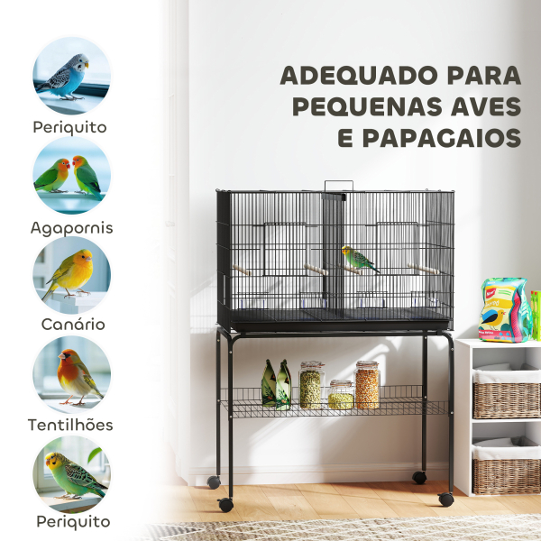 PawHut Gaiola para Pássaros com Divisória Rodas Gaiola para Aves com Comedouros Poleiros e Bandeja Removível 94x57x128 cm Preto - Image 9