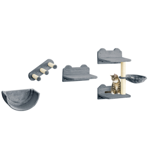 PawHut Prateleiras de Parede para Gatos 4 Peças com Rede Plataforma Semicircular Plataformas de Salto e Poste de Sisal Cinza