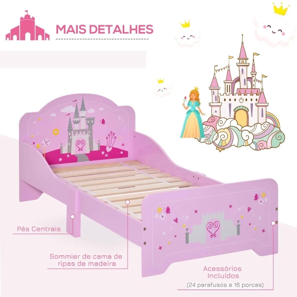 HOMCOM Cama Infantil acima de 3 Anos Cama para Crianças de Madeira com Barreira de Proteção Carga Máx. 50kg 143x73x60cm Rosa - Image 6