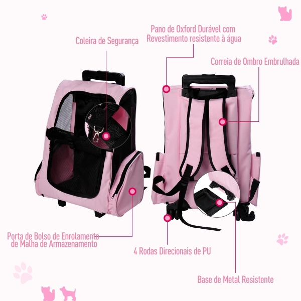 PawHut Transportadora 2 em 1 para Animais de Estimação Mochila ou Carrinho de Viagem para Cães e Gatos com 2 Rodas Alça Retrátil de Alumínio e Bolso de Armazenamento 42x25x55cm Rosa - Image 4