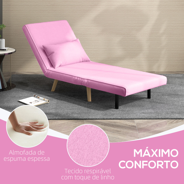 HOMCOM Sofá Cama Individual  Estofado em Linho com Encosto Ajustável em 5 Posições e Almofada Sofá Cama Pequeno 72x75x85 cm Rosa - Image 6