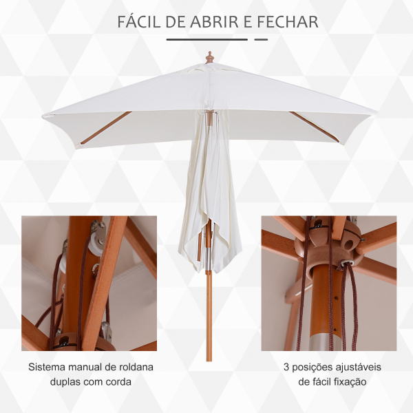 Outsunny Chapéu de Sol de Jardim 200x150x230cm Chapéu de Sol Retangular Inclinável com Polia Duplo Teto e Mastro Desmontável de Madeira para Terraço Pátio Creme - Image 6