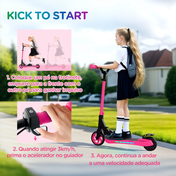 SPORTNOW Trotinete Elétrica Dobrável para Crianças 120 W Autonomia 6 km e Máximo 10 km/h com Travão Luzes LED 74x52x83-87 cm Rosa - Image 4