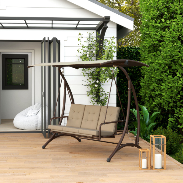 Outsunny Baloiço de Jardim Exterior de 3 Lugares Convertível em Cama com Toldo Ajustável Proteção UPF30+ 200x120x175 cm Caqui - Image 2