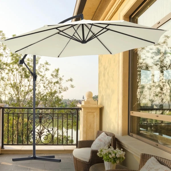 Outsunny Chapéu de Sol de Jardim Ø300x260cm Chapéu de Sol Excêntrico Inclinável com Manivela Base Cruzada e Suporte de Metal 8 Hastes para Terraço Exterior Balcão Creme - Image 2