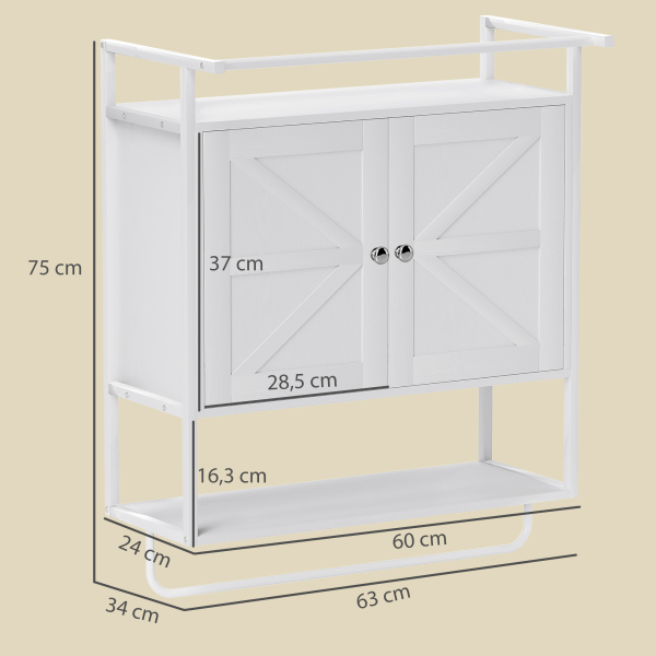 HOMCOM Armário de Parede para Casa de Banho Multiusos com 2 Portas Prateleira e Barra para Toalhas 63x34x75 cm Branco - Image 3