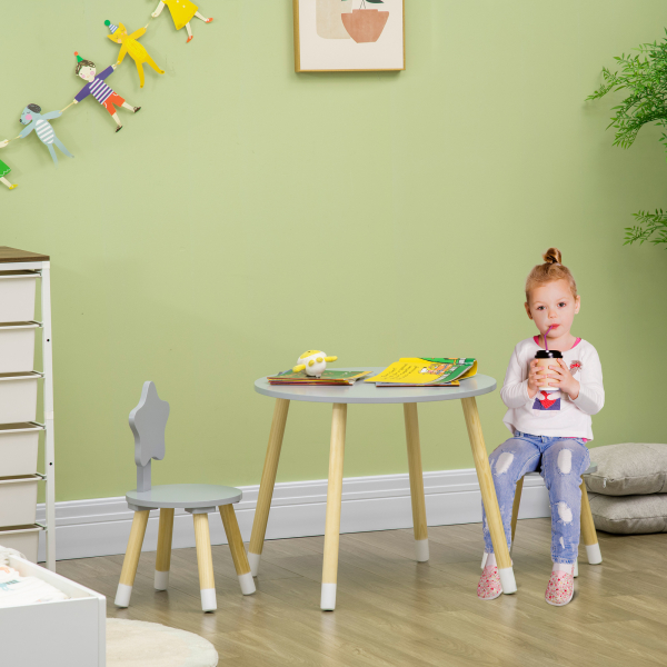 HOMCOM Conjunto de Mesa e 2 Cadeiras de Madeira para Crianças com Mesa Redonda Ø59x50cm e Cadeiras Ø28x51cm Cinza e Madeira - Image 2