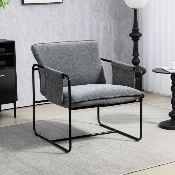 HOMCOM Poltrona Sala de Estar com Apoio para os Braços Bolso Lateral e Estrutura de Aço Poltrona para Dormitório 68x76x81 cm Cinza - Image 2