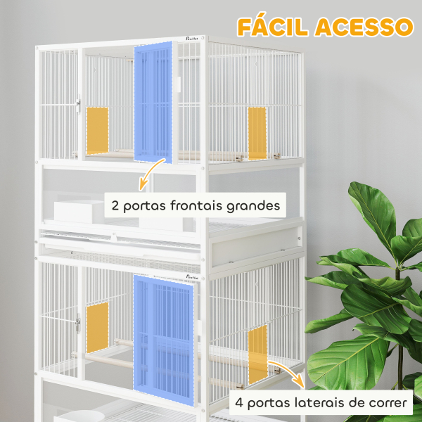 PawHut Gaiola para Pássaros de 2 Níveis com Rodas Painéis Acrílicos Comedouros Prateleira Bandejas Amovíveis  48x46x134,5 cm Branco - Image 6