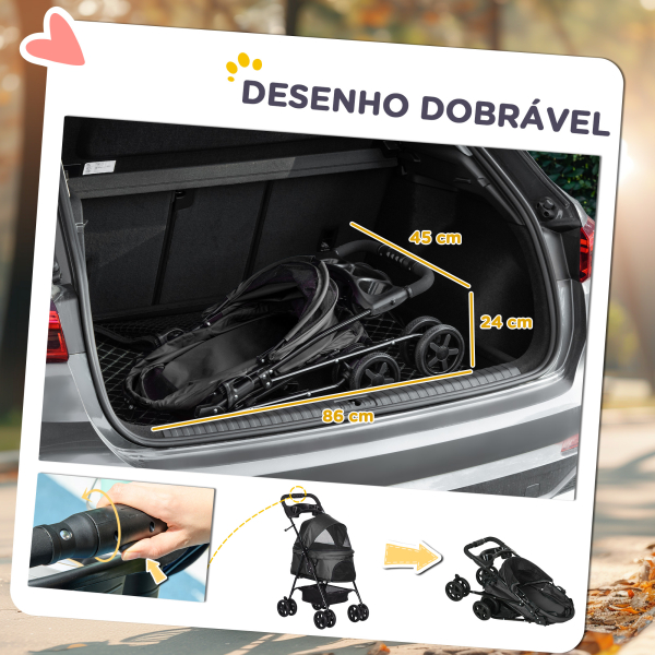 PawHut Carrinho para Cães Dobrável com Rodas Universáis Cesta de Armazenamento Correias de Segurança e Janelas 67x45x96 cm Preto - Image 5