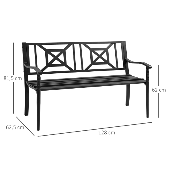 Outsunny Banco de Jardim de 2 Lugares Banco de Exterior de Aço com Apoio para os Braços e Encosto Decorativo para Terraço Varanda Pátio Carga 280kg 128x62,5x81,5cm Preto - Image 3