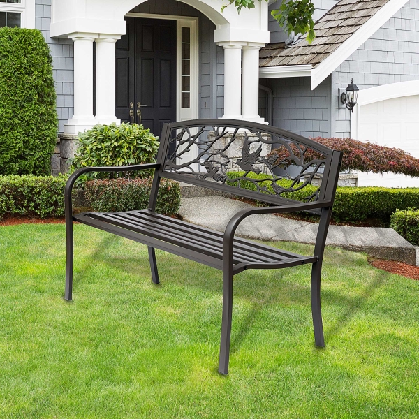 Outsunny Banco de Jardim de Aço Banco de Exterior com Apoio para os Braços e Encosto Decorativo 127x60x85 cm Marrom Escuro - Image 2