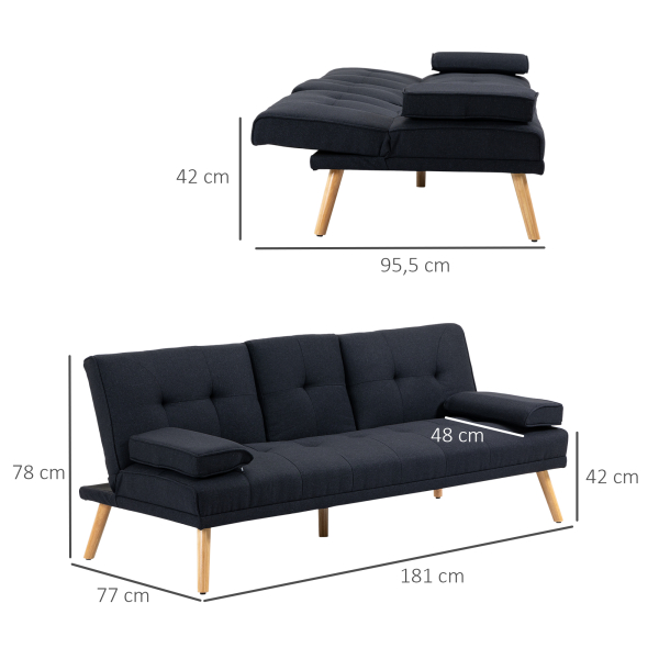 HOMCOM Sofá Cama 3 Lugares com Encosto Ajustável Apoio para os Braços Desmontável e 2 Suportes para Copos 181x77x78 cm Cinza - Image 3
