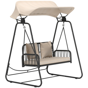 Outsunny Baloiço de Jardim de 2 Lugares com Toldo Retrátil Almofadas e Estrutura de Aço com Vime PE Anti-UV 149x121x180 cm Caqui