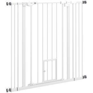 PawHut Barreira de Segurança para Cães com Porta Pequena Fechamento Automático e Sistema Duplo de Bloqueio 74-101x104,1 cm Branco
