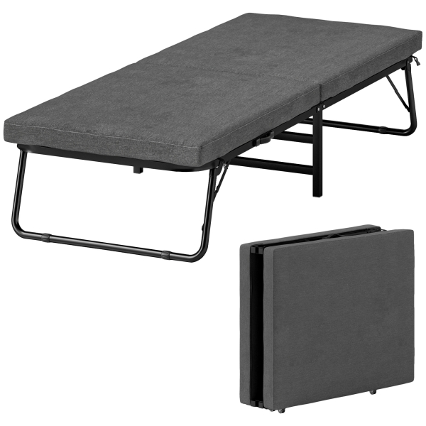 HOMCOM Cama Dobrável 70x180 cm com Colchão de Espuma Cama Dobrável com Encosto Ajustável em 5 Posições e Rodas Cinza