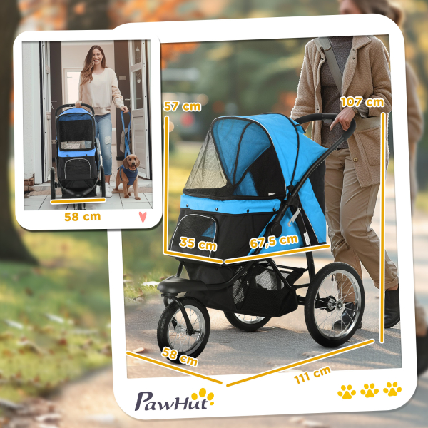 PawHut Carrinho para Cães Dobrável para Cães Médios e Pequenos com Cesta de Armazenamento Capota Ajustável 111x58x107 cm Azul - Image 3