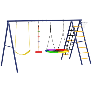 AIYAPLAY Baloiços para Crianças 6 em 1 com Baloiço Ninho Corda com Disco Rede para Escalar Escada e Aro de Basquetebol 350x183x200 cm Multicor