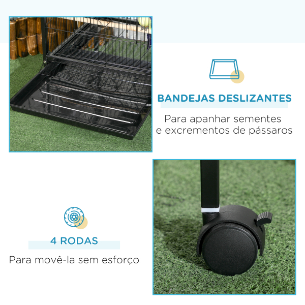 PawHut Gaiola para Pássaros com Rodas de 2 Níveis  com Bandejas Removíveis Portas Comedouros Poleiros 51,5x50x140 cm Preto - Image 6