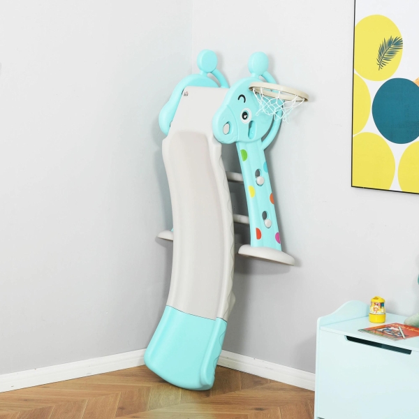 HOMCOM Escorrega Infantil Dobrável com Cesta de Basquetebol para Crianças acima de 18 meses Modelo Girafa para Interiores e Exteriores 140x87x75cm Azul e Cinza - Image 8
