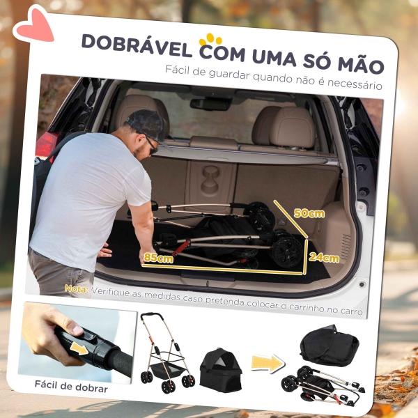 PawHut Carrinho para Cães Dobrável 3 em 1 Carrinho para Cães Miniatura com Cesta de Armazenamento Janela de Malha 76x50x102 cm Preto - Image 5