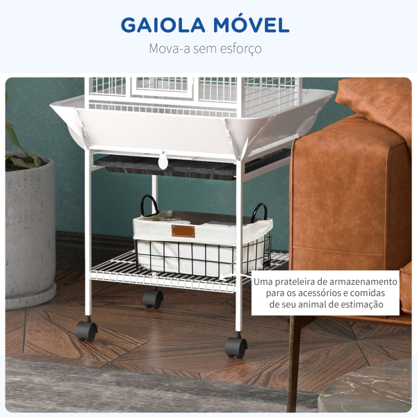 PawHut Gaiola para Pássaros com Suporte e Rodas 62,5x62,5x156 cm Ponte de Arco 2 Poleiros 4 Comedouros 2 Bandejas Removíveis - Image 5