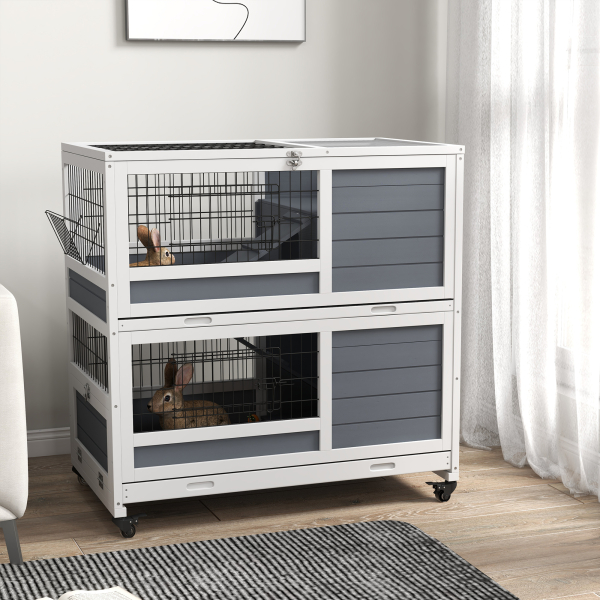 PawHut Coelheira de 2 Níveis 90x53x97 cm com Rodas Tejadilho Rebatível Tabuleiro Amovível Alimentador e Rampa cinzenta - Image 2