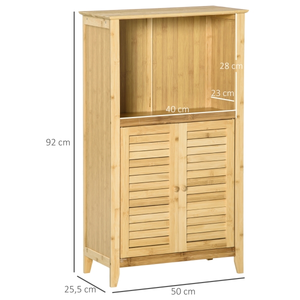 HOMCOM Armário Auxiliar Casa de Banho de Bambu com 2 Portas Compartimento Aberto e Prateleira Ajustável 50x25,5x92 cm Madeira - Image 3