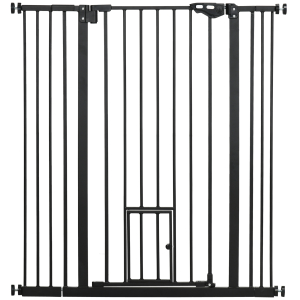 PawHut Barreira de Segurança para Cães com Porta Pequena Fechamento Automático e Sistema Duplo de Bloqueio 74-101x104,1 cm Preto